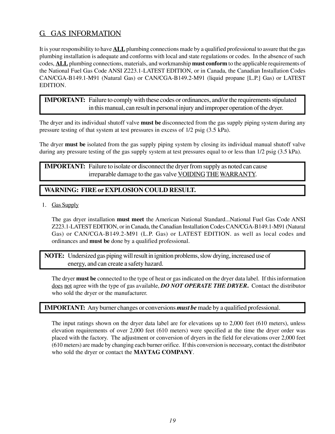 American Dryer Corp MLG32PD3 installation manual GAS Information 