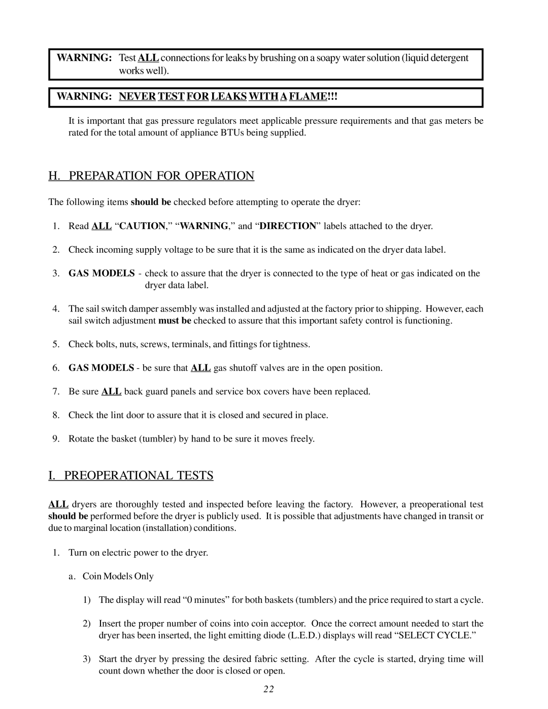 American Dryer Corp MLG32PD3 installation manual Preparation for Operation, Preoperational Tests 