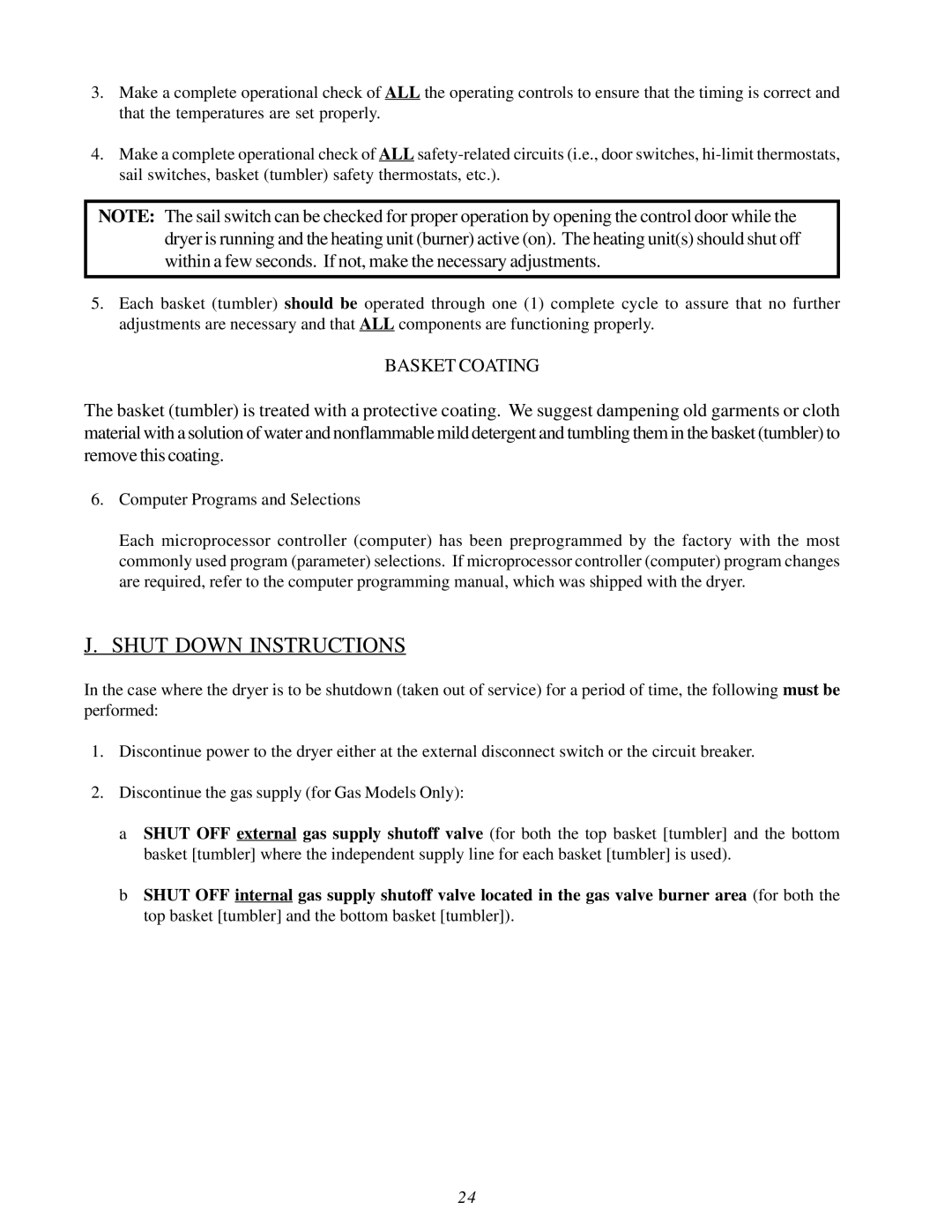 American Dryer Corp MLG32PD3 installation manual Shut Down Instructions, Basket Coating 