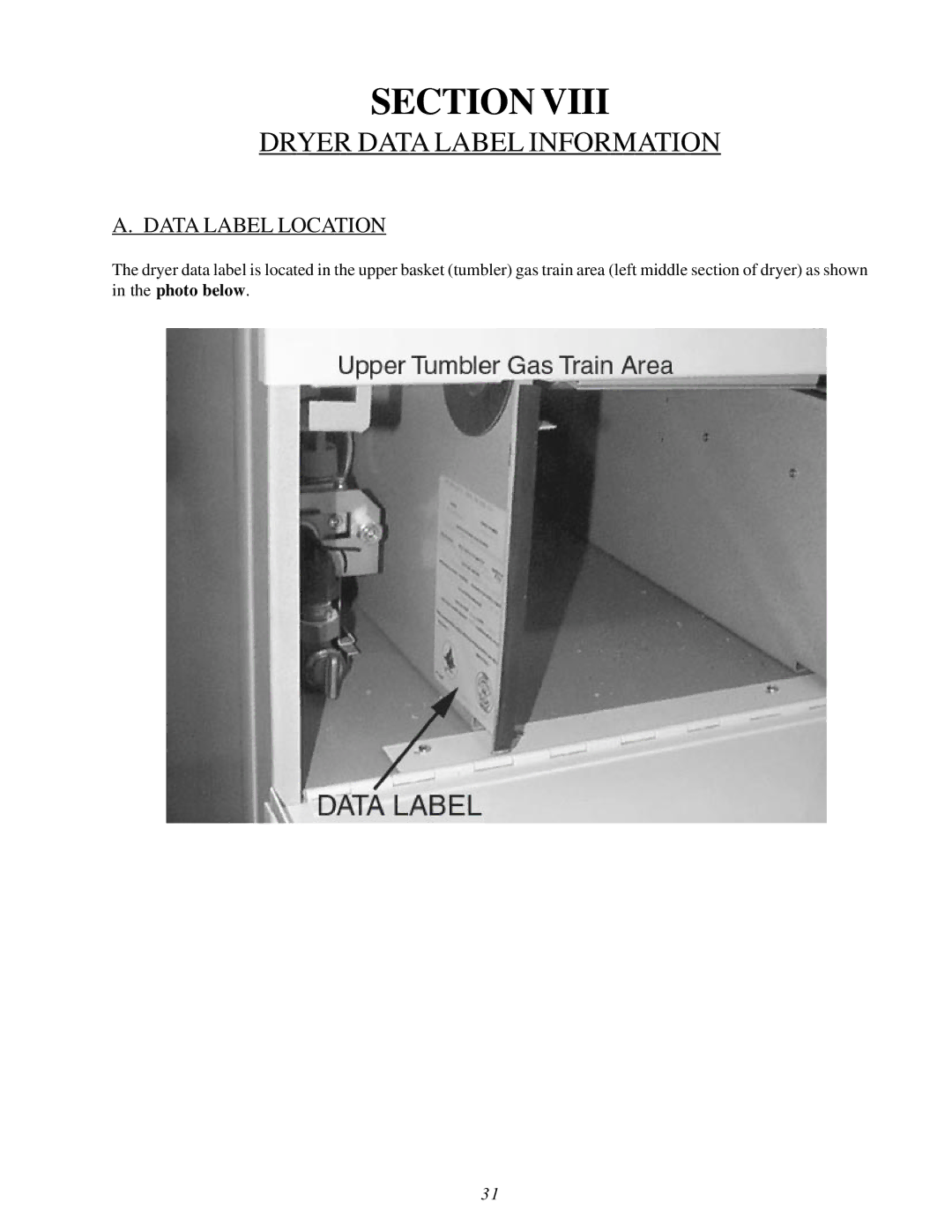 American Dryer Corp MLG32PD3 installation manual Dryer Data Label Information, Data Label Location 