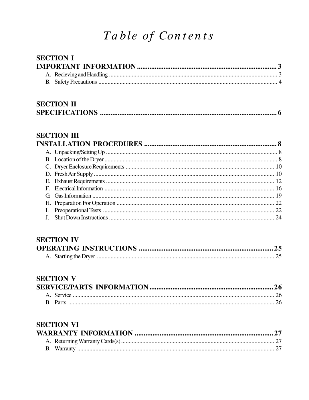 American Dryer Corp MLG32PD3 installation manual Table of Contents 