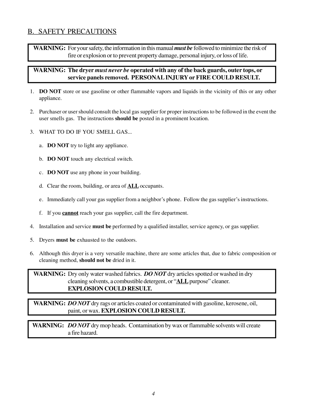 American Dryer Corp MLG32PD3 installation manual Safety Precautions, What to do if YOU Smell GAS 