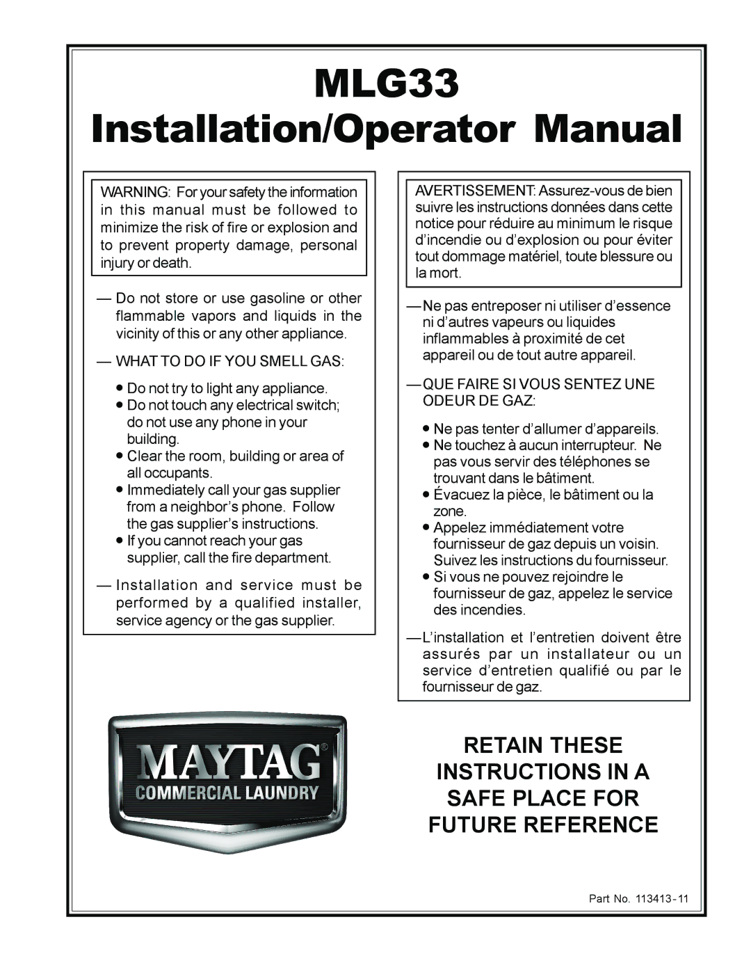 American Dryer Corp MLG33 manual 