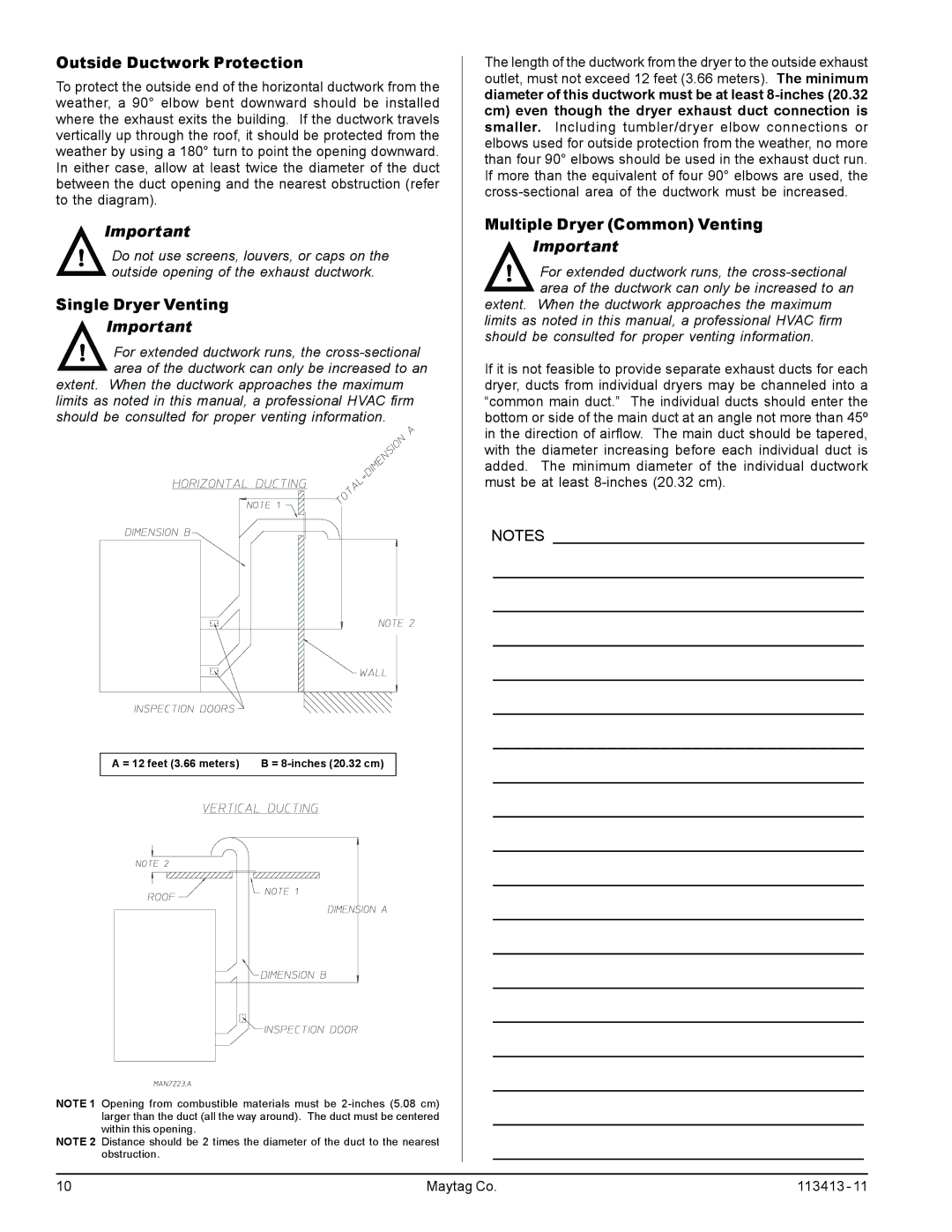 American Dryer Corp MLG33 manual Outside Ductwork Protection, Single Dryer Venting, Multiple Dryer Common Venting 