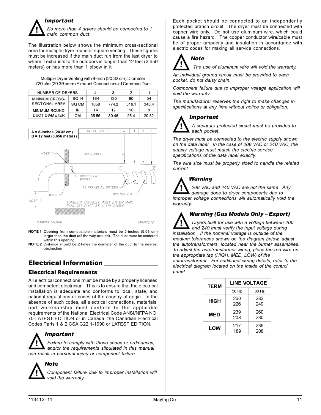 American Dryer Corp MLG33 manual Electrical Information, Electrical Requirements 