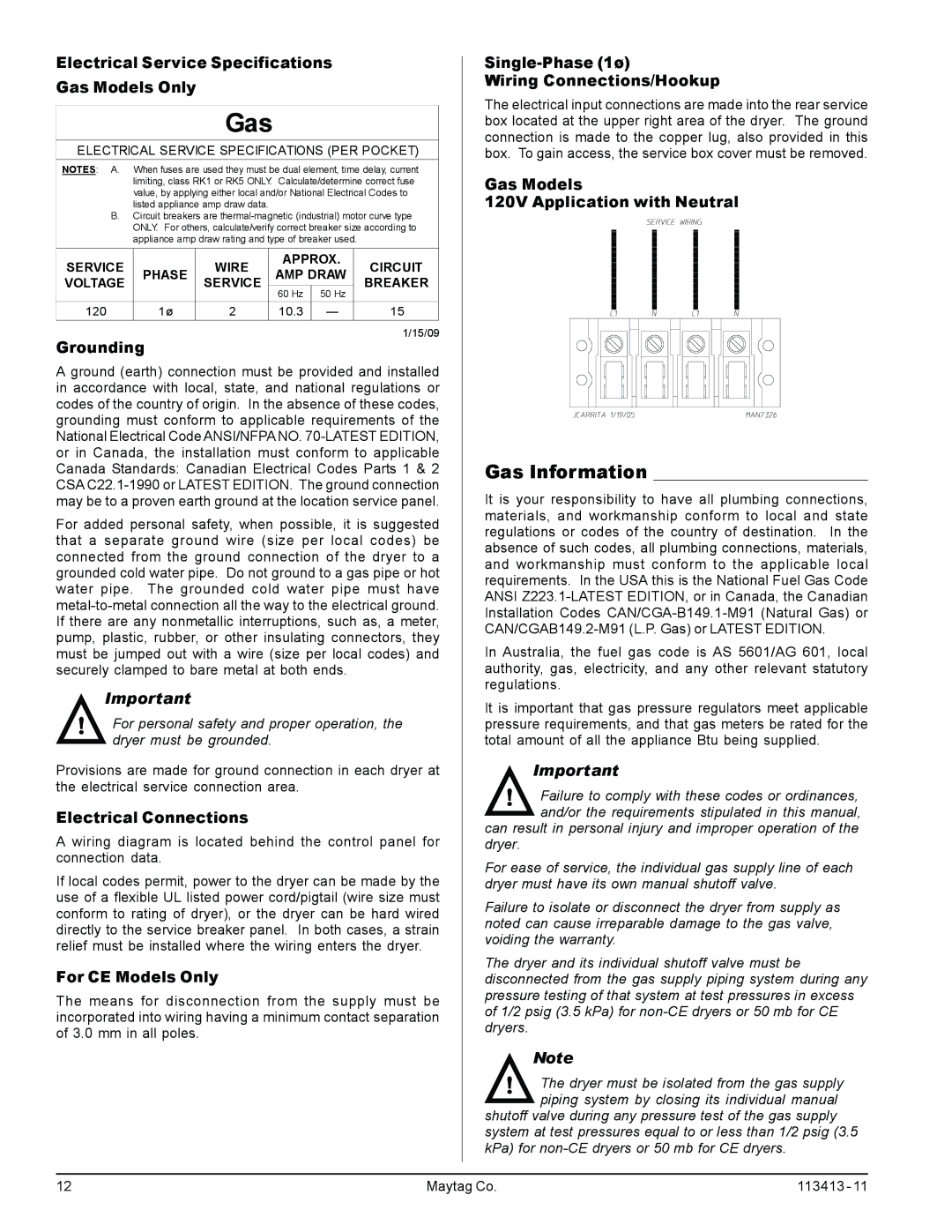 American Dryer Corp MLG33 manual Gas Information 