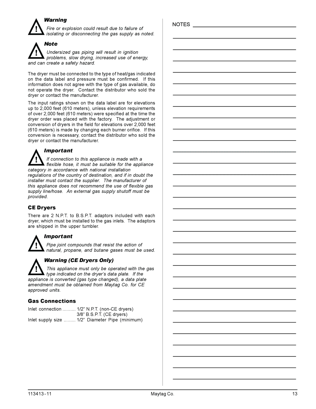 American Dryer Corp MLG33 manual CE Dryers, Gas Connections 