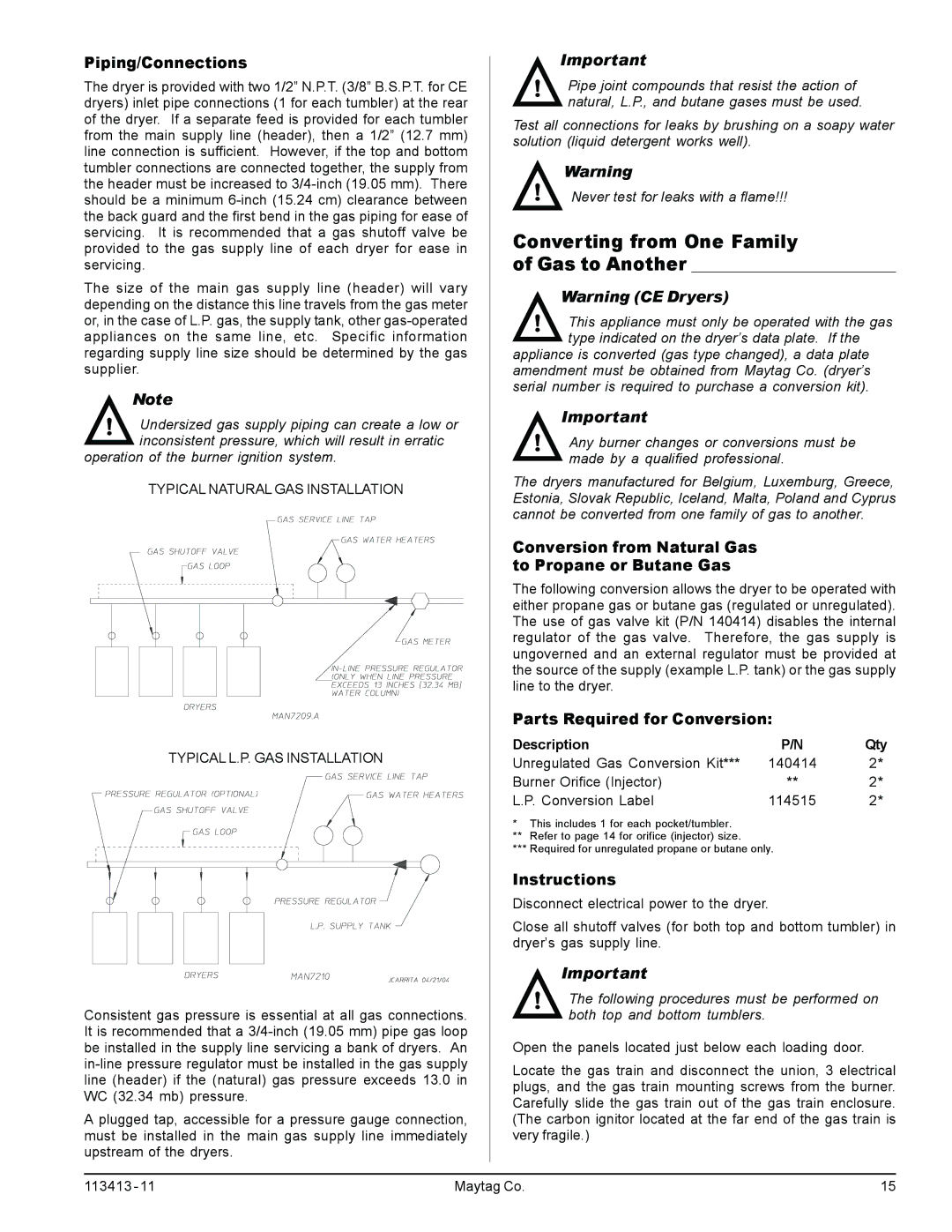 American Dryer Corp MLG33 Converting from One Family Gas to Another, Piping/Connections, Parts Required for Conversion 