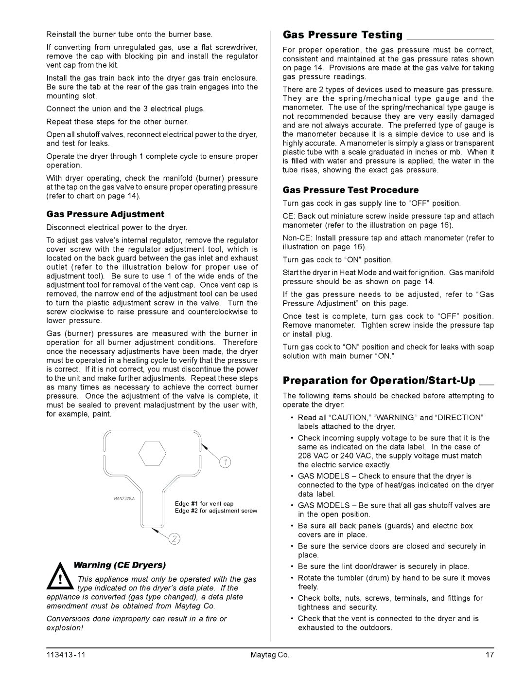 American Dryer Corp MLG33 manual Gas Pressure Testing, Preparation for Operation/Start-Up, Gas Pressure Adjustment 