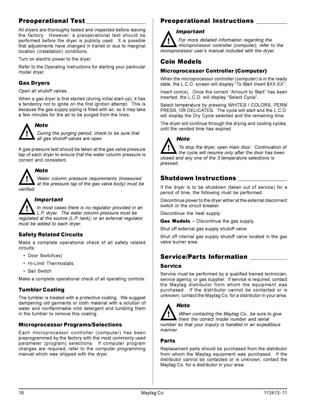 American Dryer Corp MLG33 manual Preoperational Test, Preoperational Instructions, Coin Models, Shutdown Instructions 