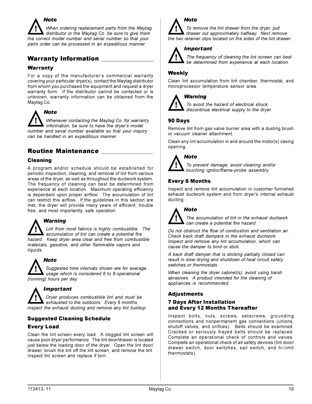 American Dryer Corp MLG33 manual Warranty Information, Routine Maintenance 