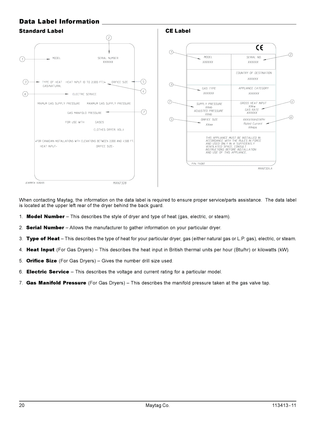 American Dryer Corp MLG33 manual Data Label Information, Standard Label CE Label 