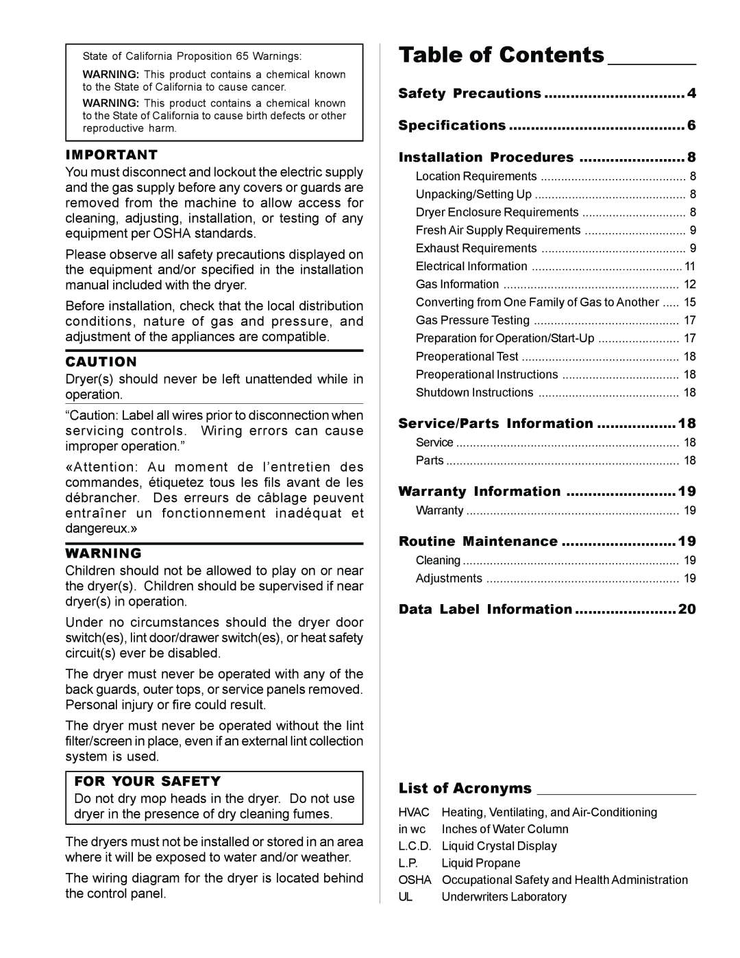 American Dryer Corp MLG33 manual Table of Contents 