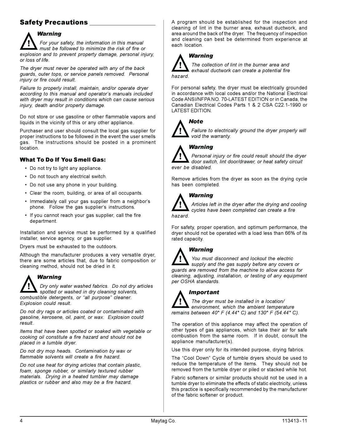 American Dryer Corp MLG33 manual Safety Precautions, What To Do If You Smell Gas 