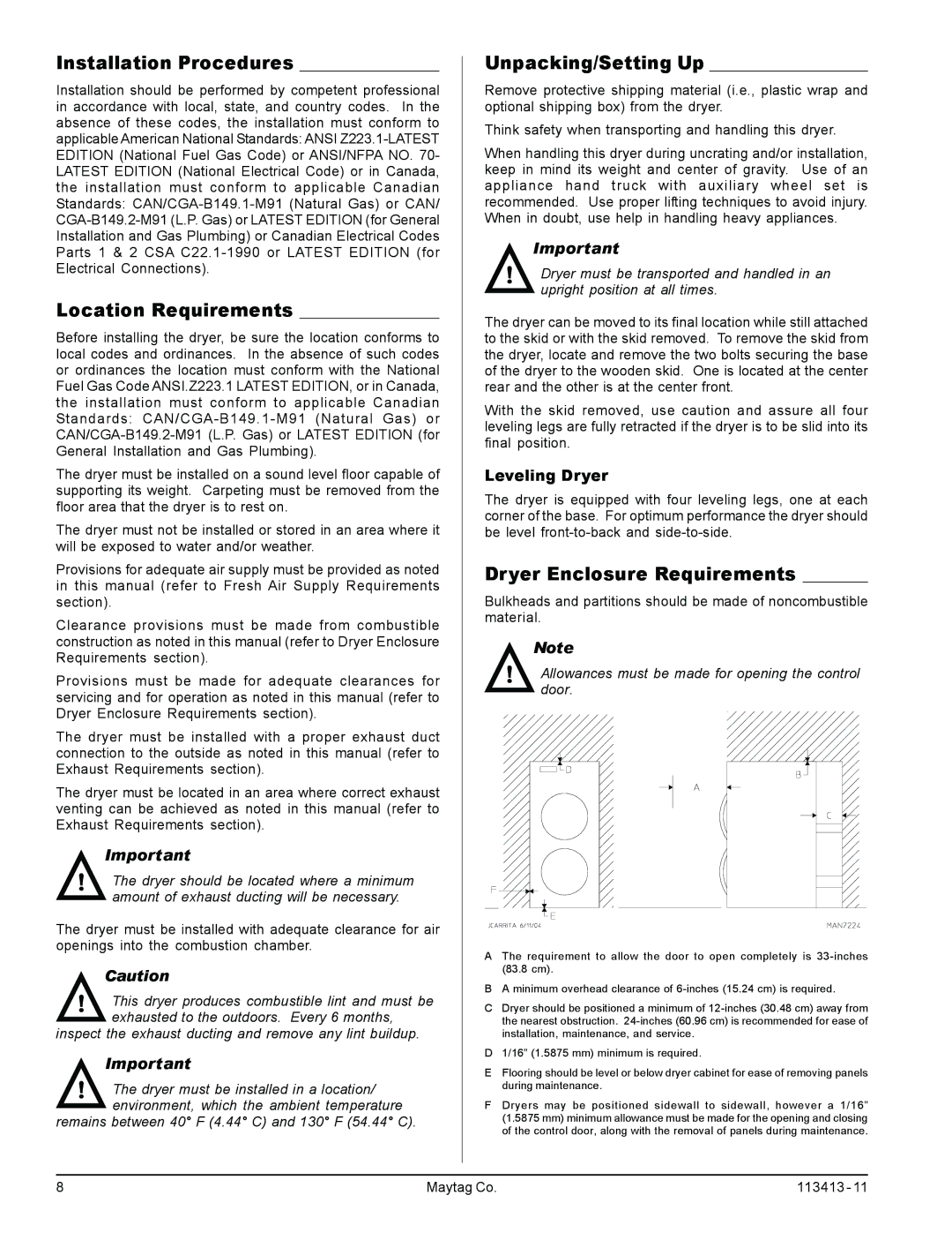 American Dryer Corp MLG33 manual Installation Procedures, Location Requirements, Unpacking/Setting Up, Leveling Dryer 