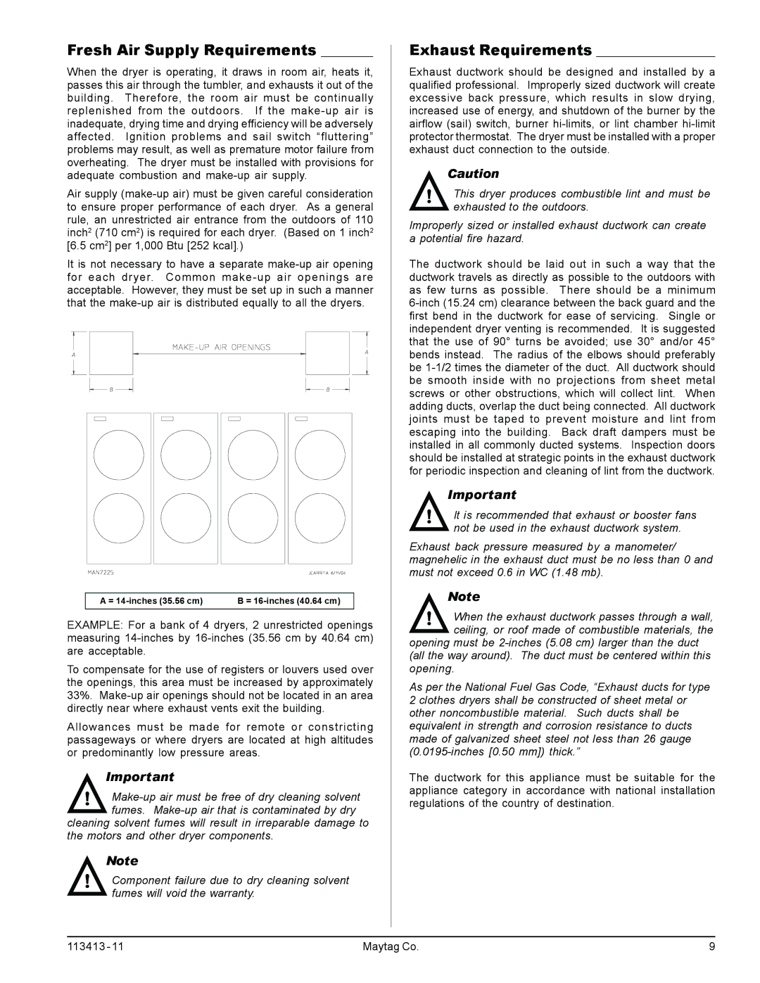 American Dryer Corp MLG33 manual Fresh Air Supply Requirements, Exhaust Requirements 