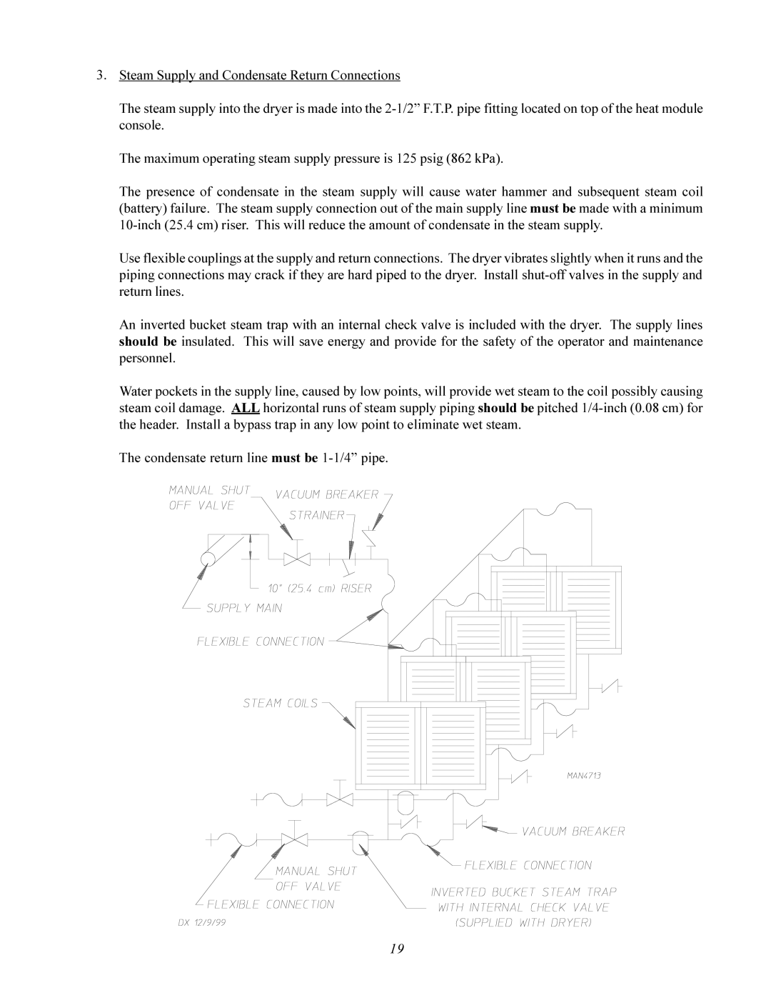 American Dryer Corp MLS-460 manual Condensate return line must be 1-1/4 pipe 