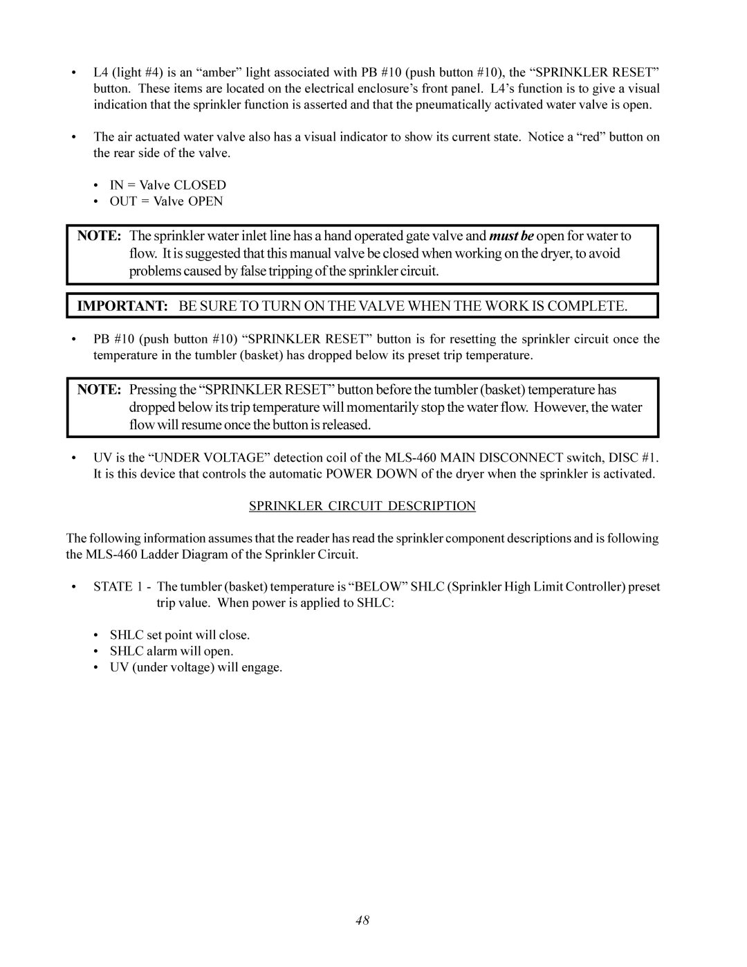 American Dryer Corp MLS-460 manual Sprinkler Circuit Description 