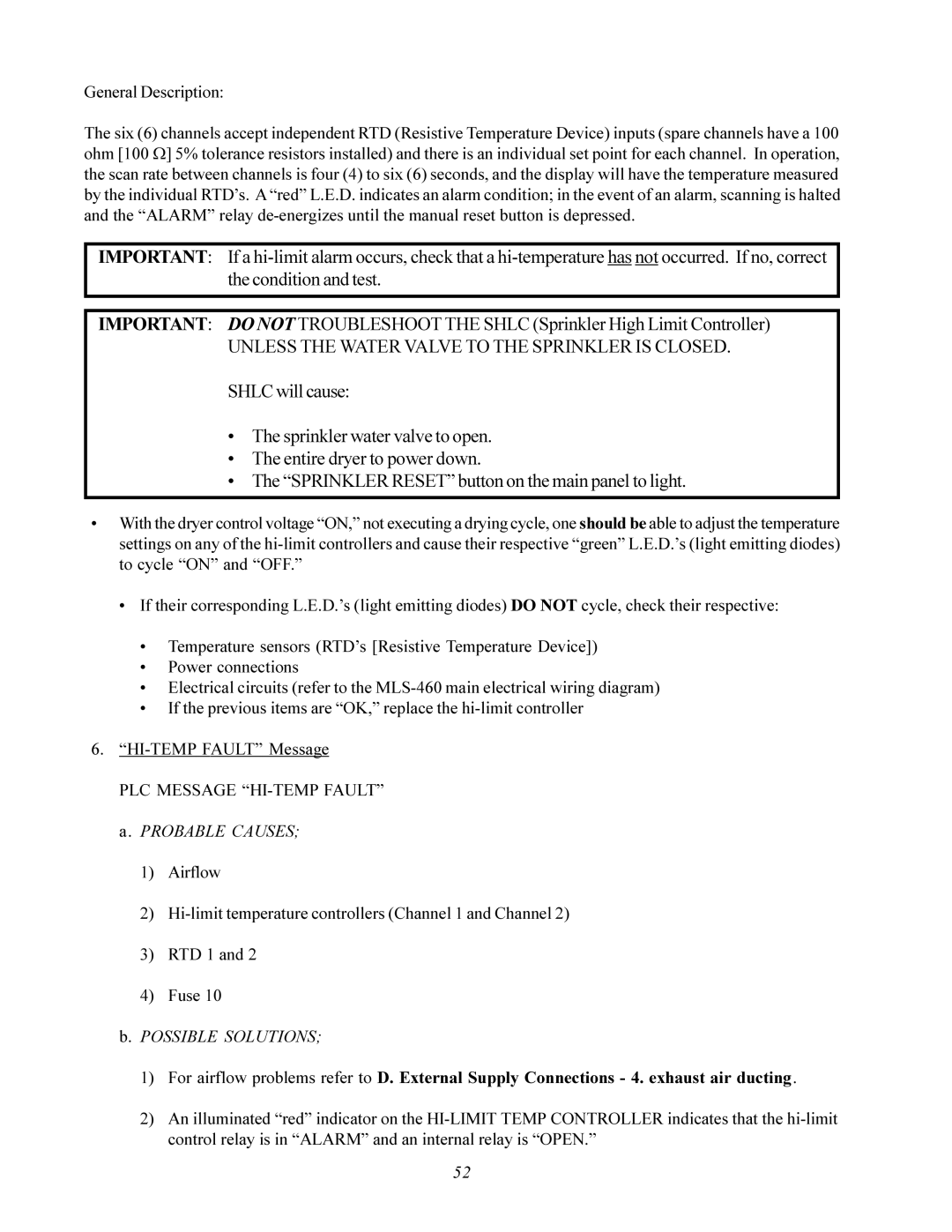 American Dryer Corp MLS-460 manual General Description, PLC Message HI-TEMP Fault 
