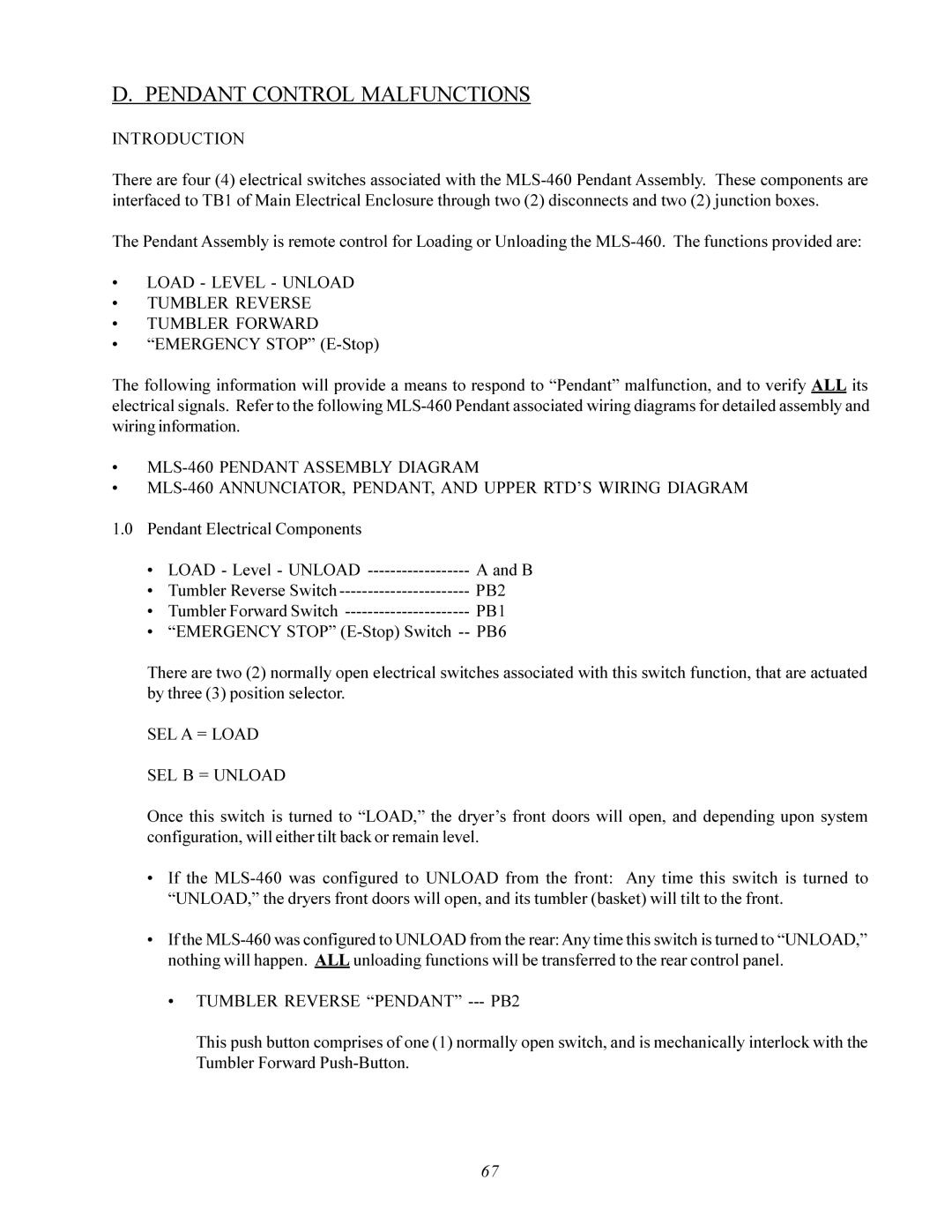 American Dryer Corp MLS-460 manual Pendant Control Malfunctions, Load Level Unload Tumbler Reverse Tumbler Forward 