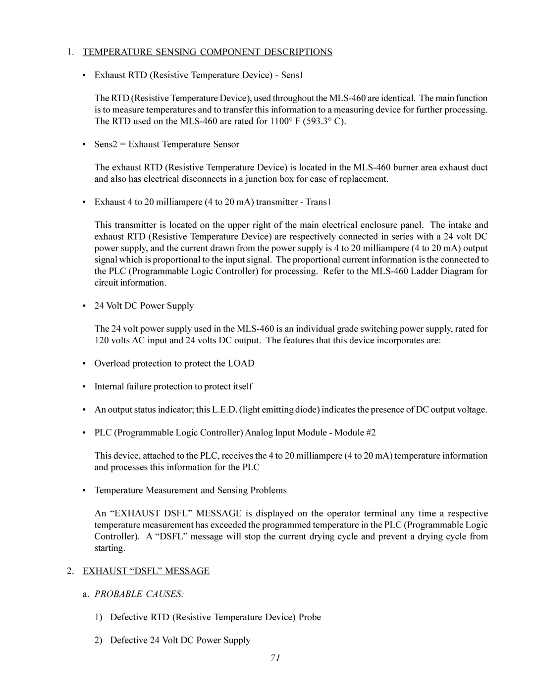 American Dryer Corp MLS-460 Temperature Sensing Component Descriptions, Exhaust RTD Resistive Temperature Device Sens1 