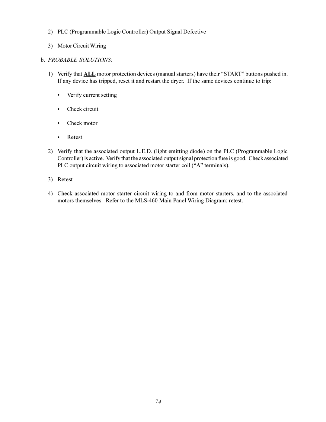 American Dryer Corp MLS-460 manual Verify current setting Check circuit Check motor Retest 