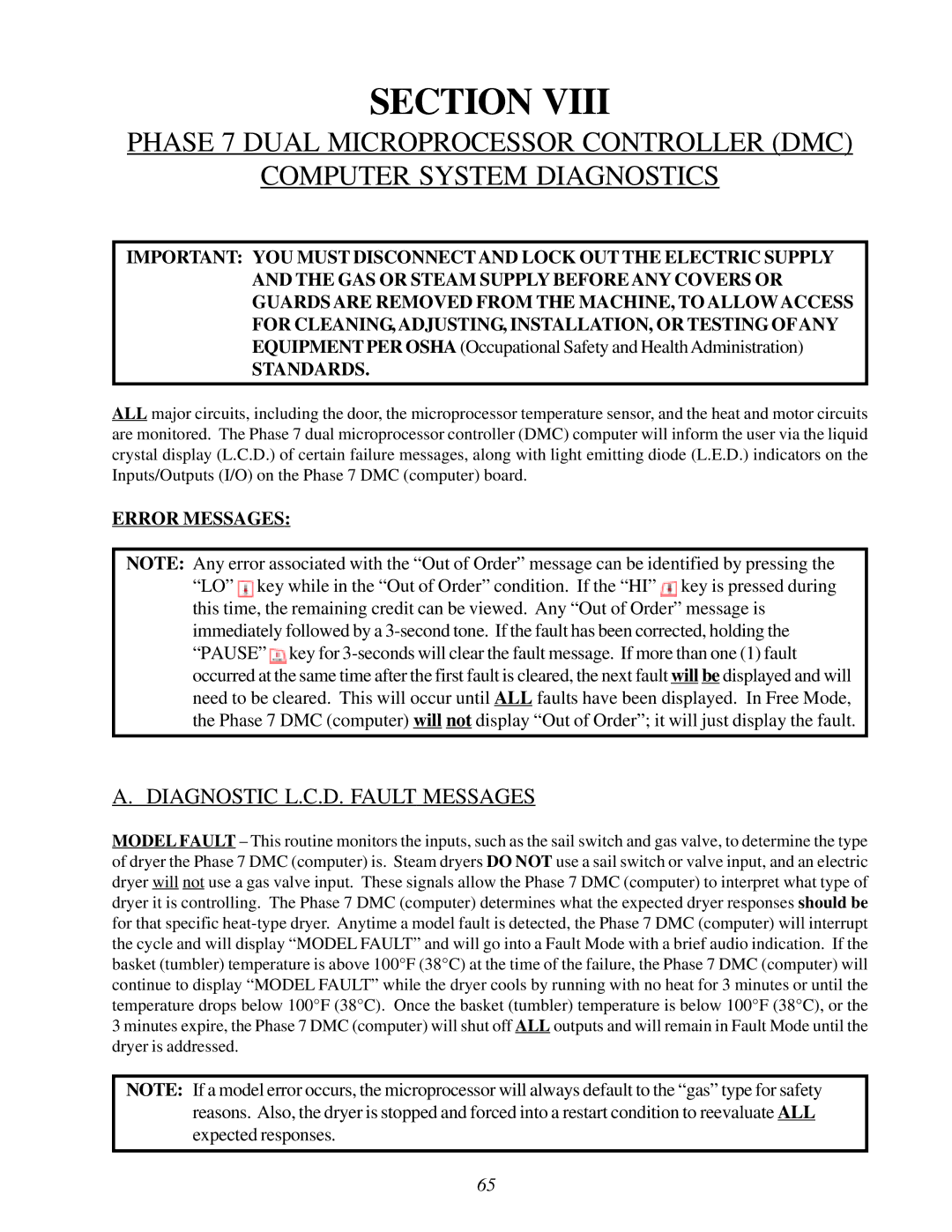 American Dryer Corp None user manual Diagnostic L.C.D. Fault Messages, Standards, Error Messages 