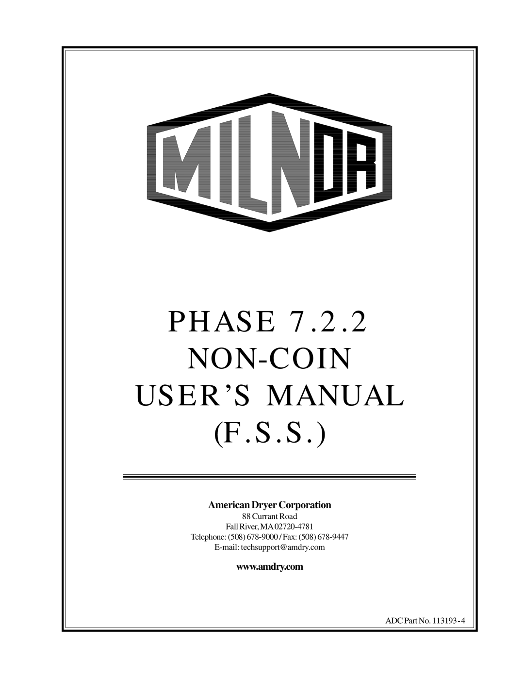 American Dryer Corp Phase 7.2.2 user manual Non-Coin 