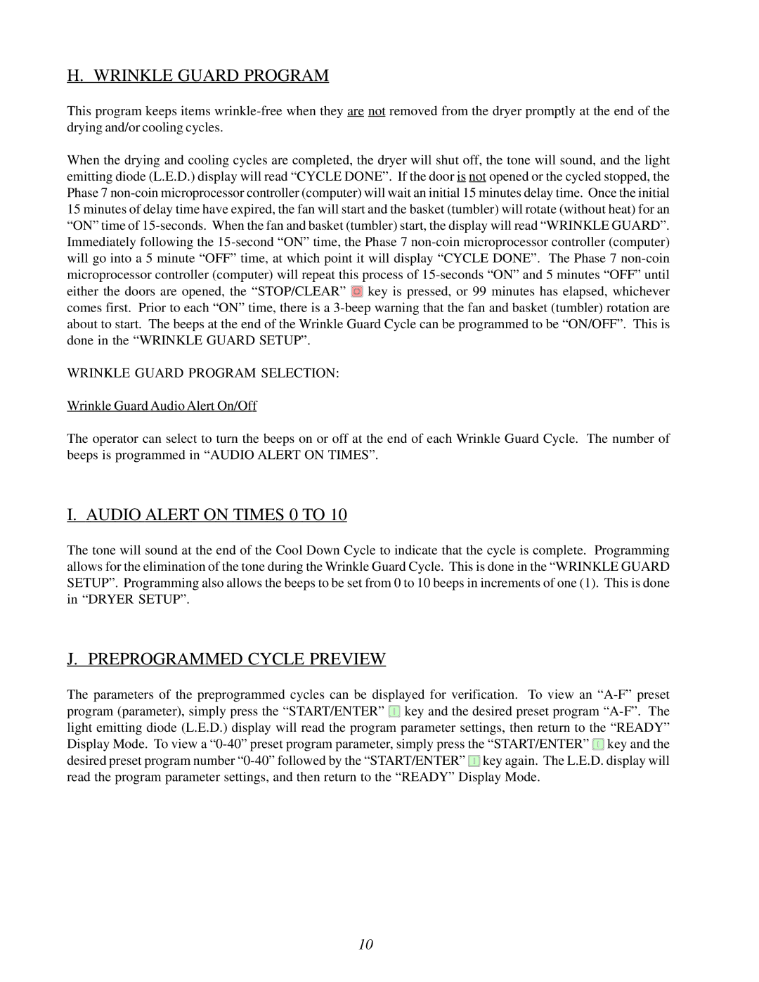 American Dryer Corp Phase 7.2.2 user manual Wrinkle Guard Program, Audio Alert on Times 0 to, Preprogrammed Cycle Preview 