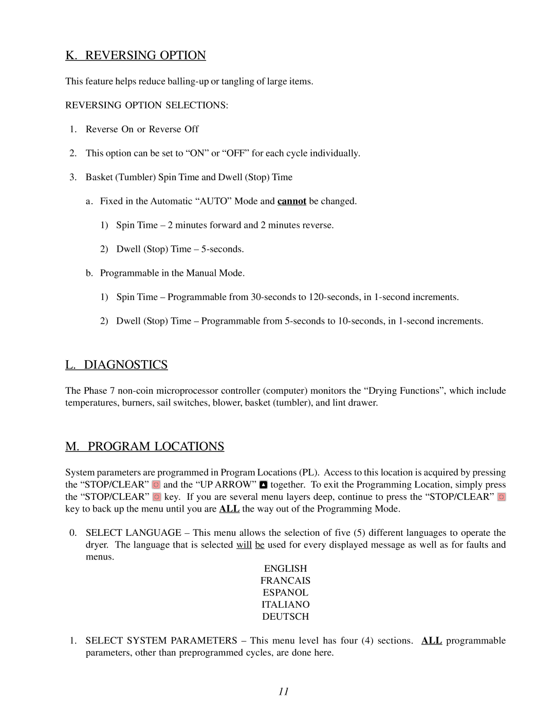 American Dryer Corp Phase 7.2.2 user manual Reversing Option, Diagnostics, Program Locations 