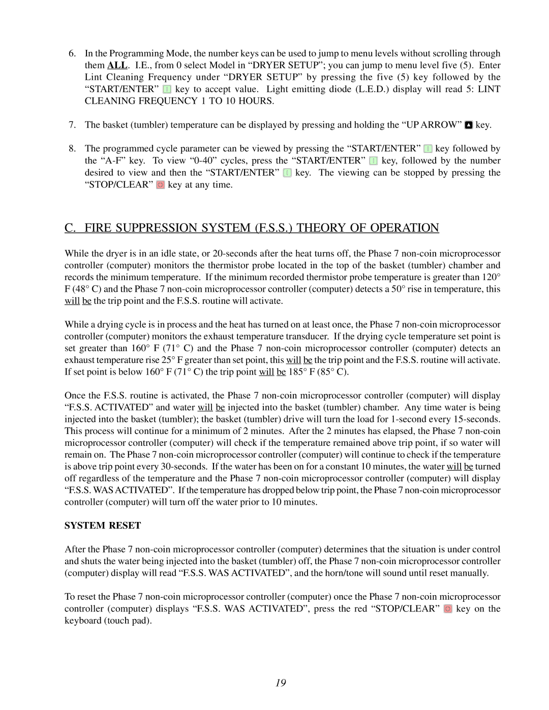 American Dryer Corp Phase 7.2.2 user manual Fire Suppression System F.S.S. Theory of Operation, System Reset 