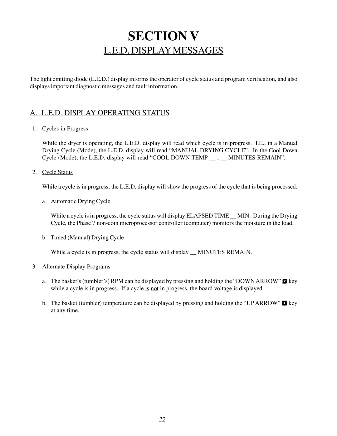 American Dryer Corp Phase 7.2.2 user manual D. Display Messages, E.D. Display Operating Status 