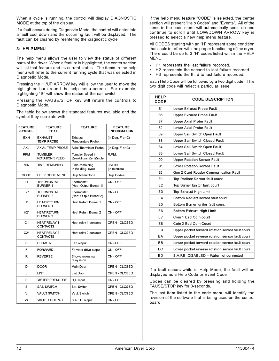 American Dryer Corp Phase 8.3, 8.4 Rev 2.2 user manual Help Menu, Help Code Description 