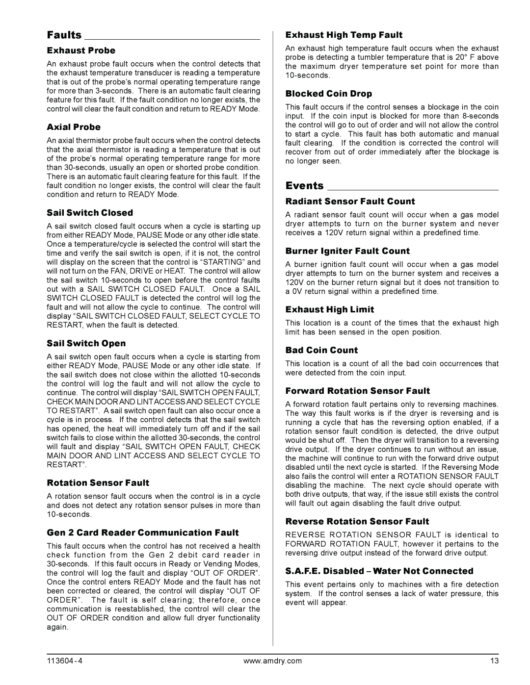 American Dryer Corp 8.4 Rev 2.2, Phase 8.3 user manual Faults, Events 