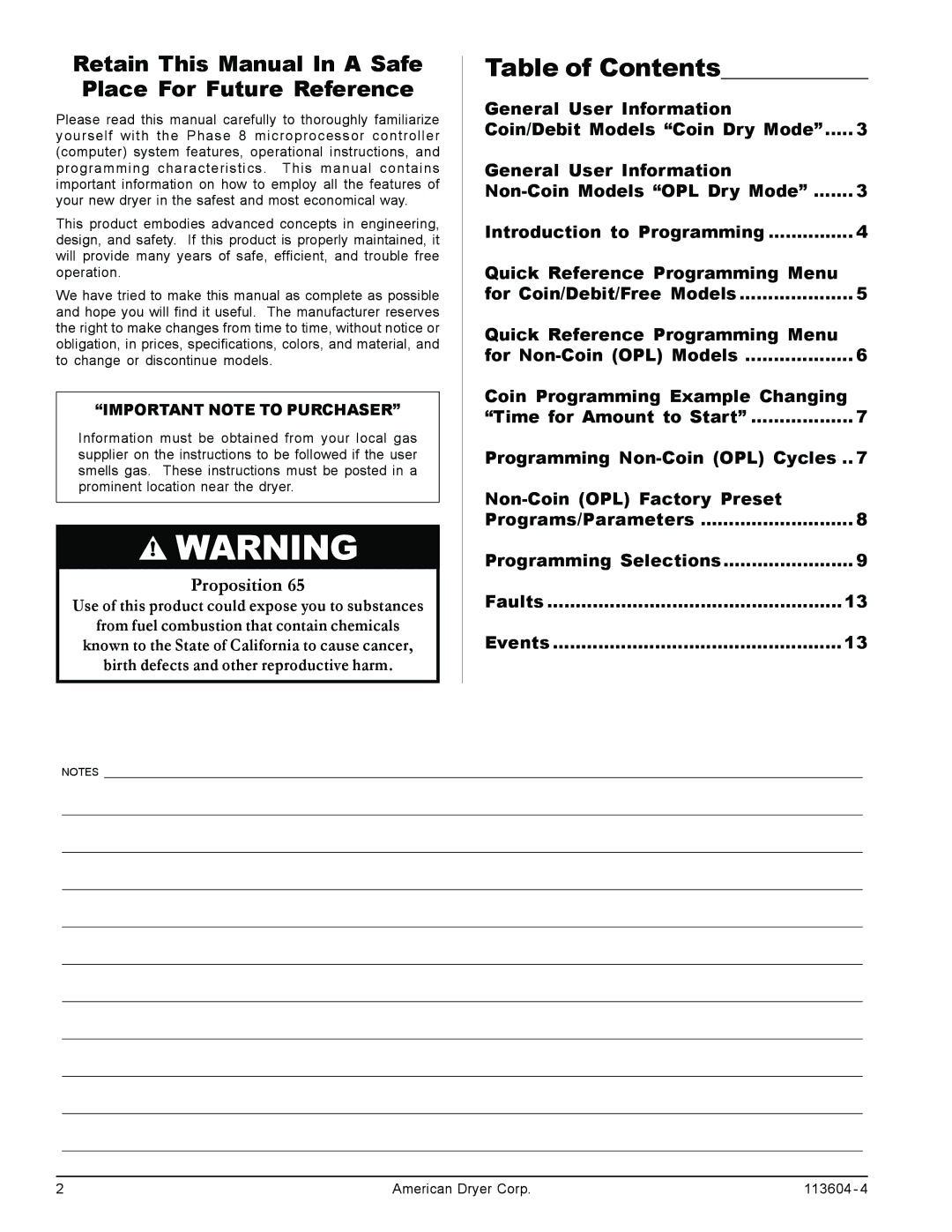 American Dryer Corp Phase 8.3, 8.4 Rev 2.2 user manual Table of Contents 