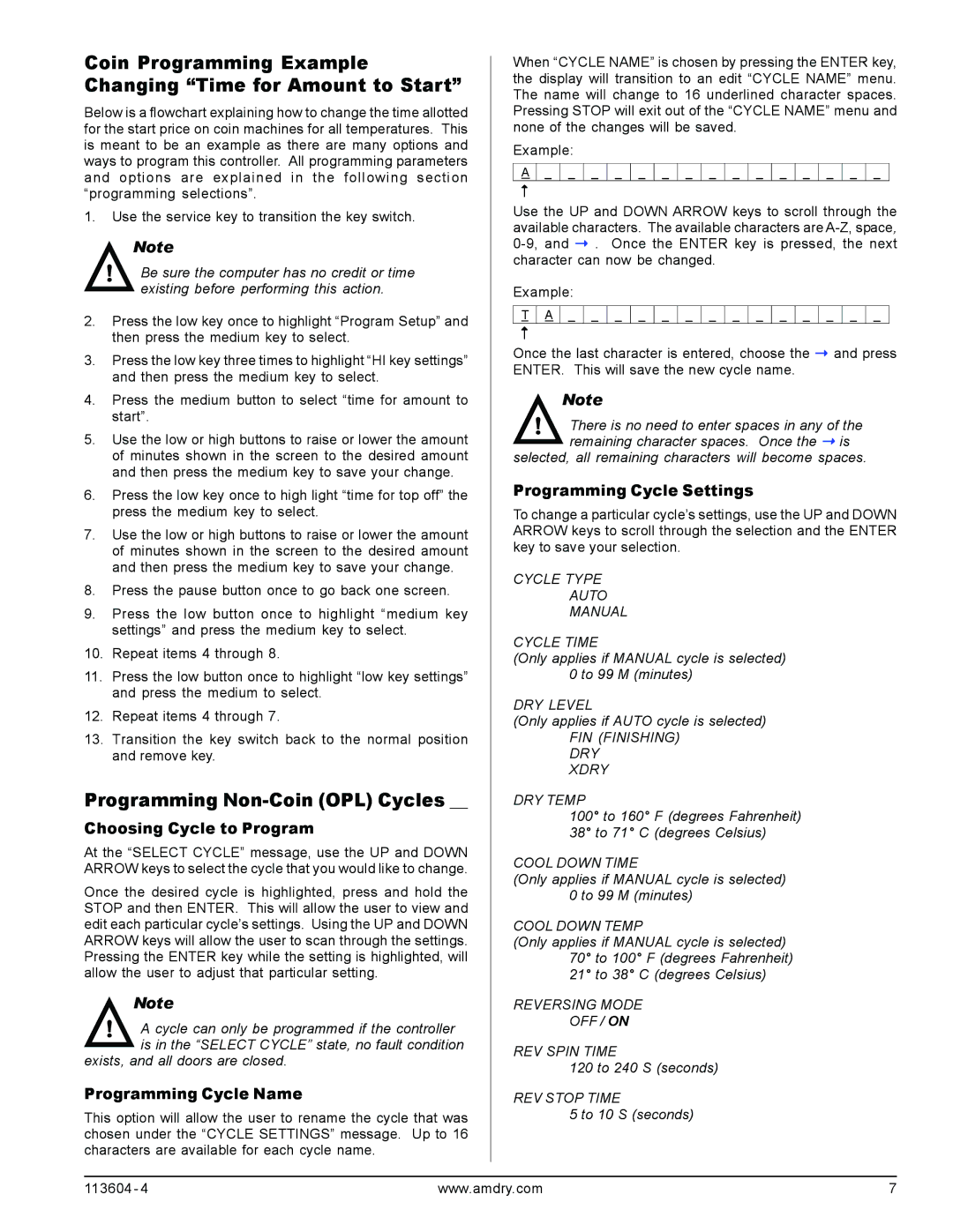 American Dryer Corp 8.4 Rev 2.2 Coin Programming Example Changing Time for Amount to Start, Choosing Cycle to Program 