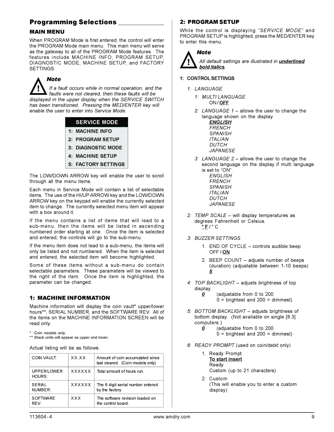 American Dryer Corp 8.4 Rev 2.2 Programming Selections, Main Menu, Service Mode, Machine Information, Program Setup 