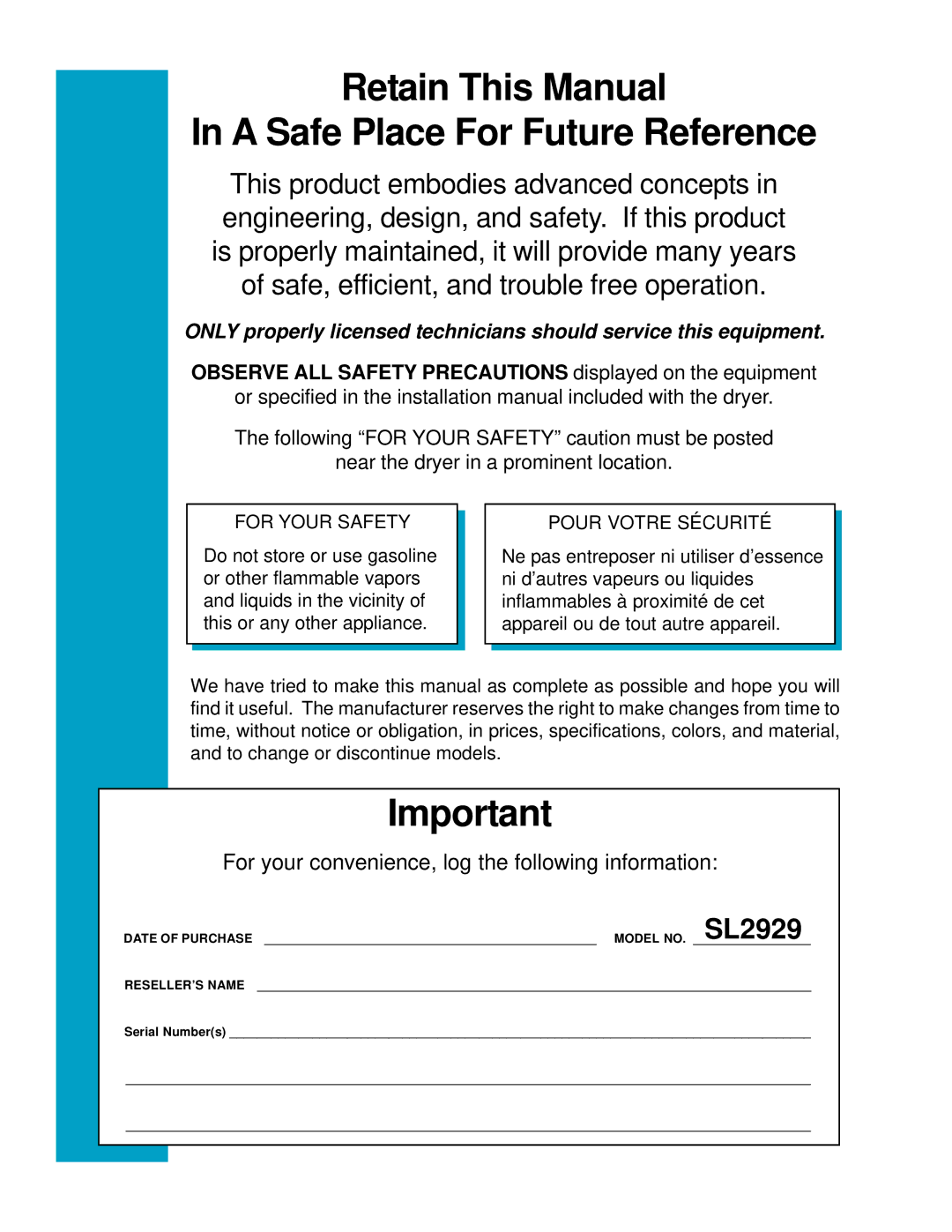 American Dryer Corp SL2929 manual Retain This Manual A Safe Place For Future Reference 