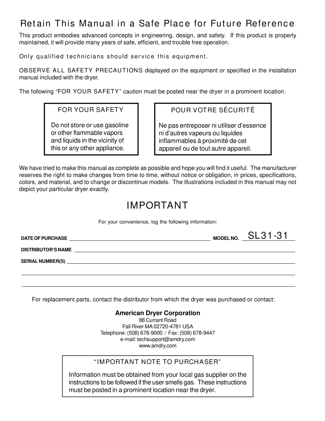 American Dryer Corp SL31-31 manual 