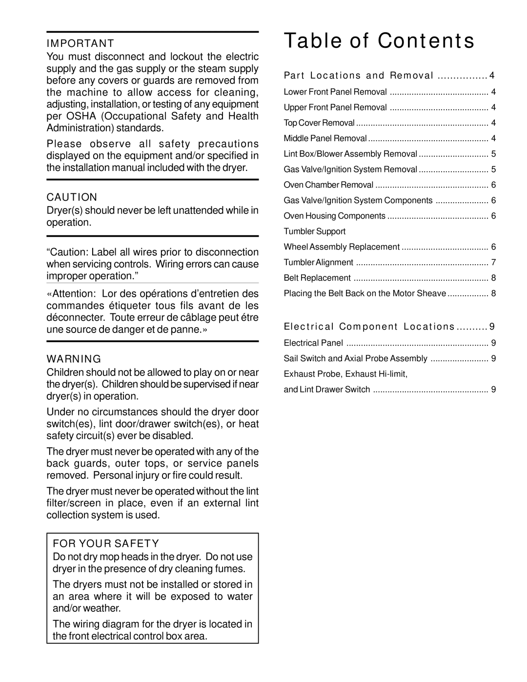 American Dryer Corp SL31-31 manual Table of Contents 