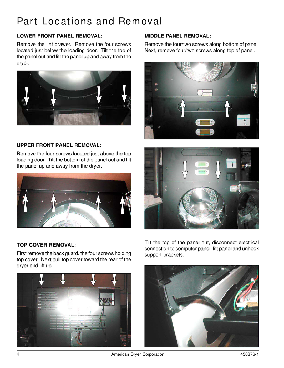 American Dryer Corp SL31-31 Lower Front Panel Removal, Middle Panel Removal, Upper Front Panel Removal, TOP Cover Removal 