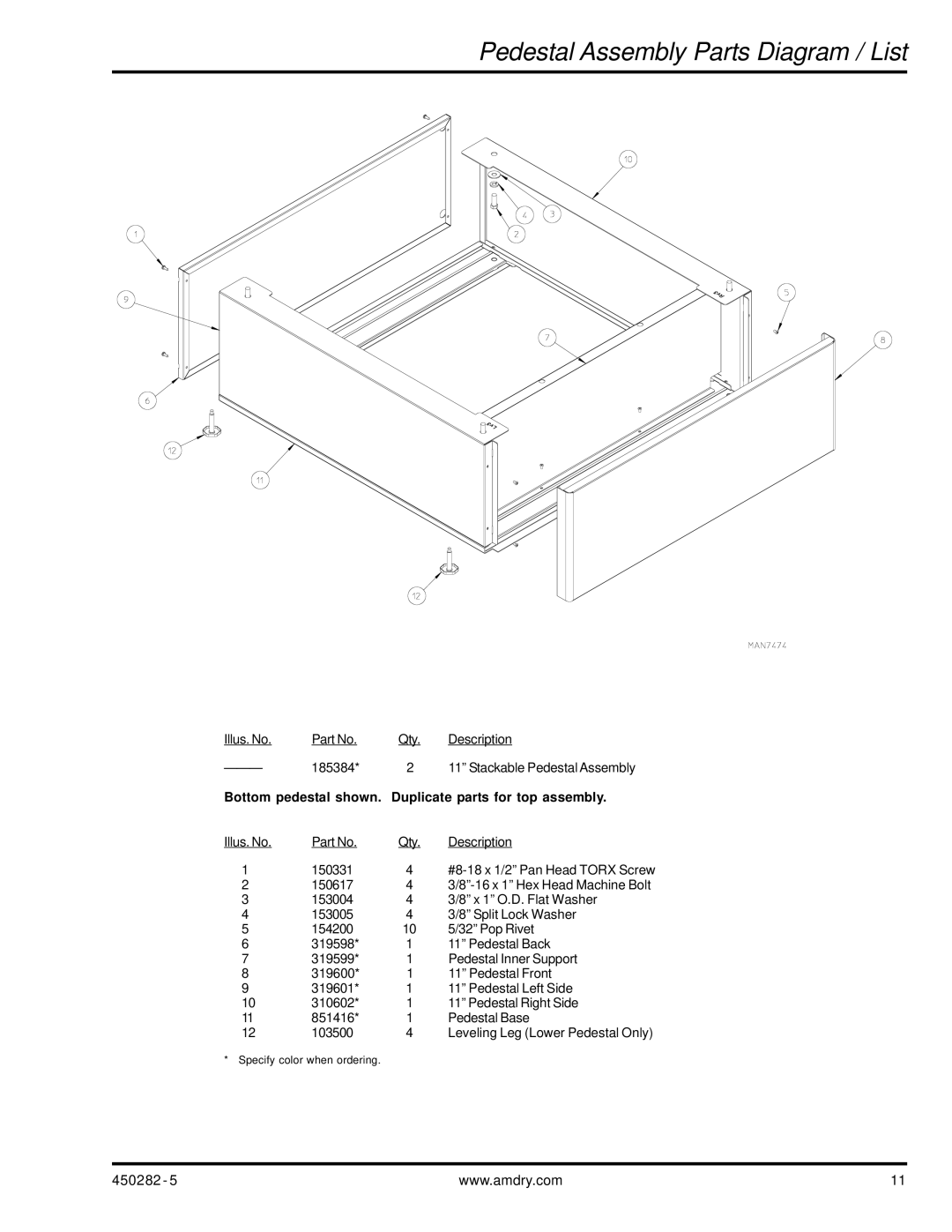 American Dryer Corp SL31 Pedestal Assembly Parts Diagram / List, Bottom pedestal shown. Duplicate parts for top assembly 