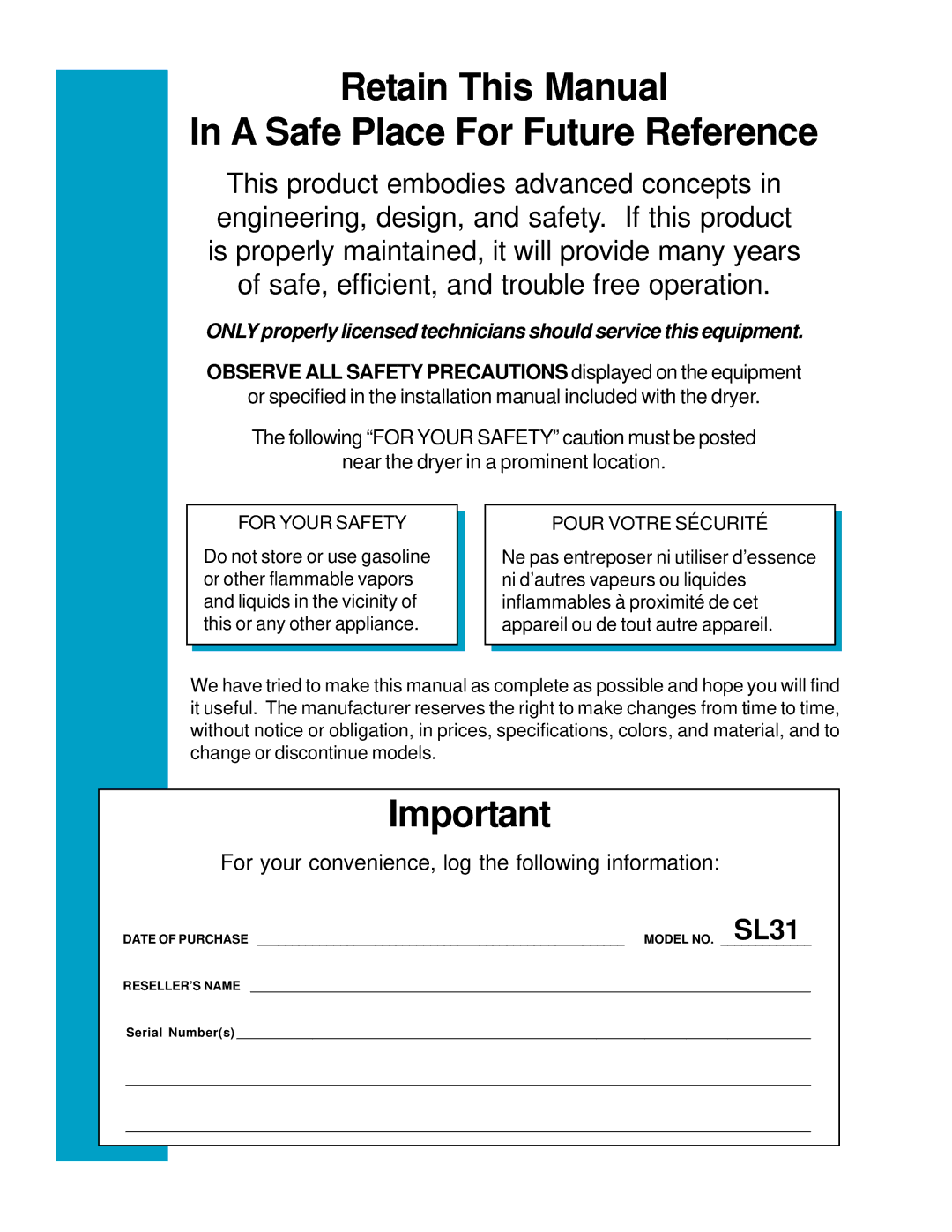 American Dryer Corp SL31 manual Retain This Manual A Safe Place For Future Reference 