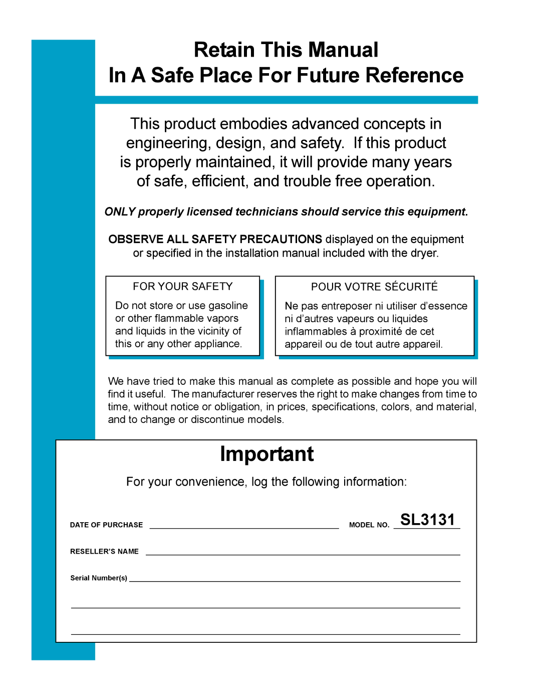 American Dryer Corp SL3131 manual Retain This Manual A Safe Place For Future Reference 