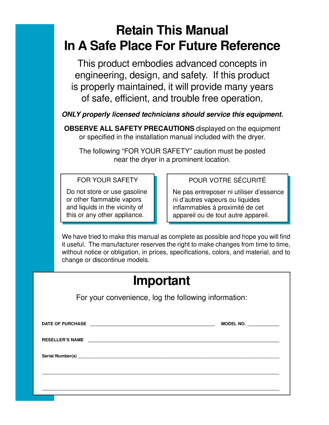 American Dryer Corp SL75, SL50 manual Retain This Manual A Safe Place For Future Reference 