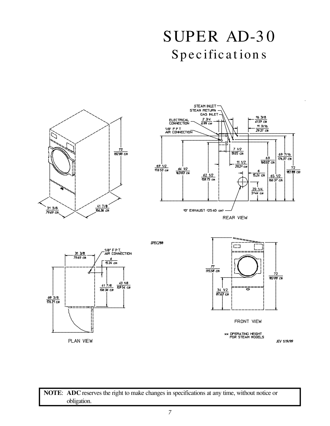 American Dryer Corp Super AD-30 manual Specifications 