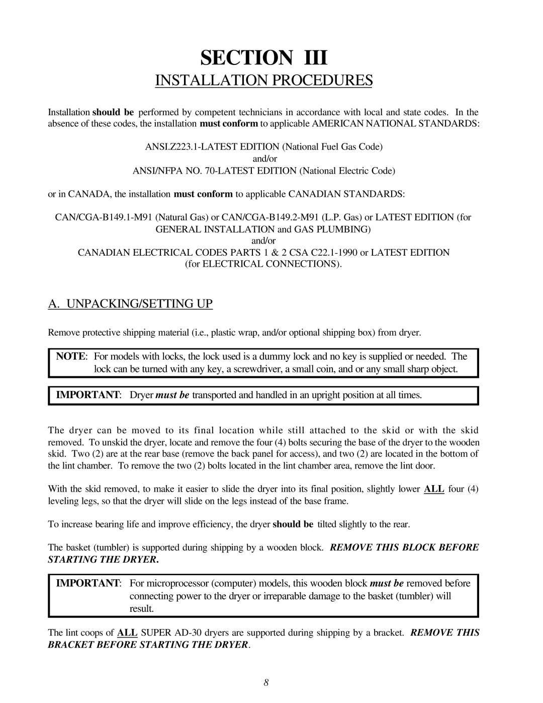 American Dryer Corp Super AD-30 manual Installation Procedures, Unpacking/Setting Up 