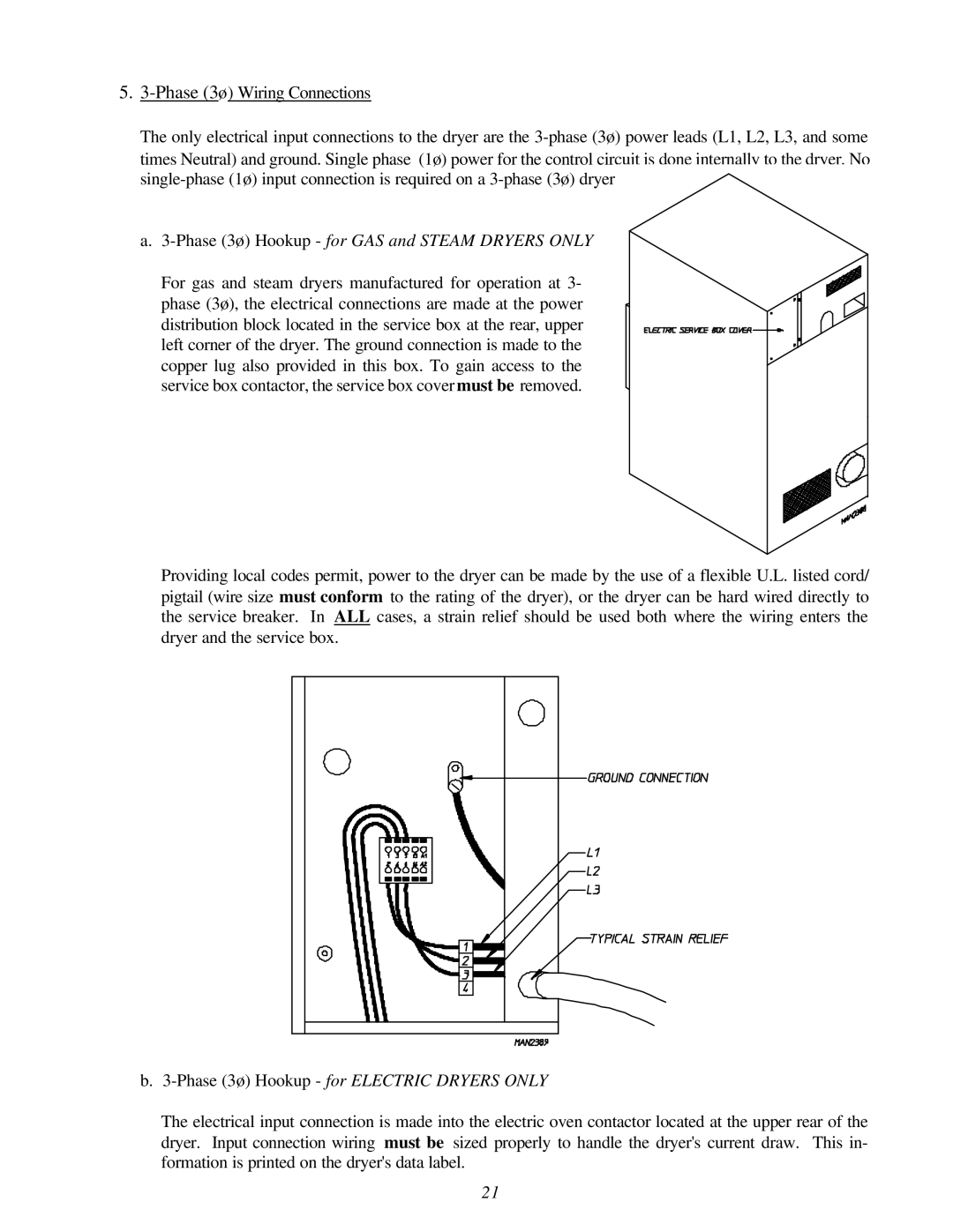 American Dryer Corp Super AD-30 manual Phase 3ø Hookup for GAS and Steam Dryers only 