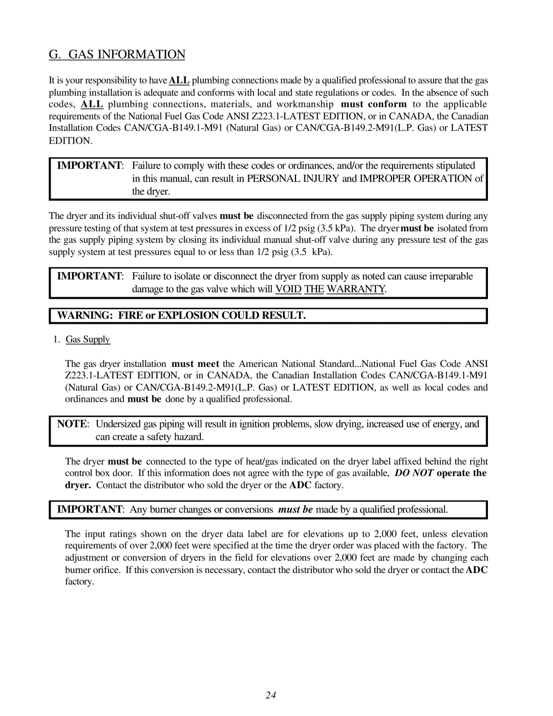 American Dryer Corp Super AD-30 manual GAS Information 