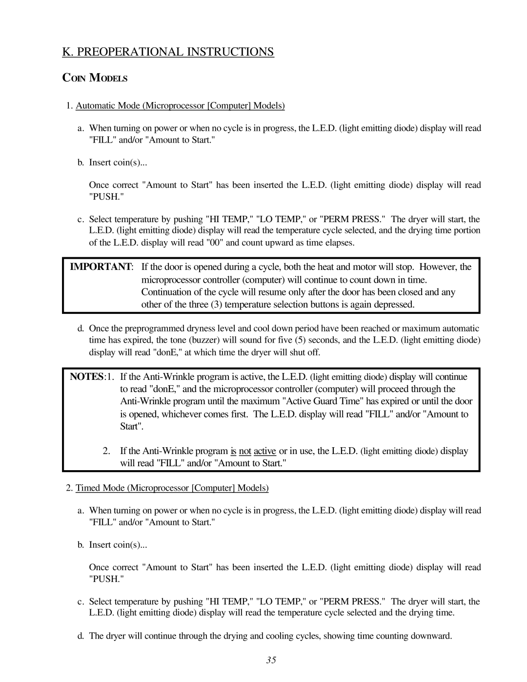 American Dryer Corp Super AD-30 manual Preoperational Instructions 